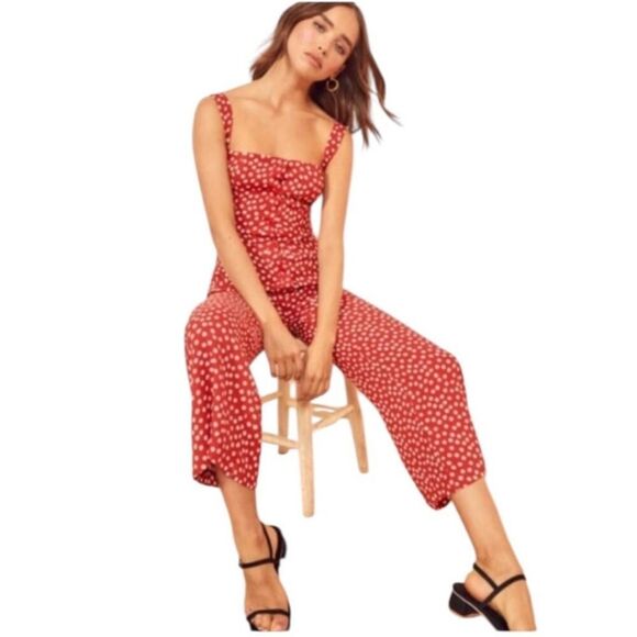 Reformation Della JumpsuitWomen's 4 Red White Floral Sleeveless Wide Leg Ankle
